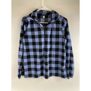 Exertek Sweater Women's Size Medium Blue Black Plaid Pullover Fleece 1/3 Zipped